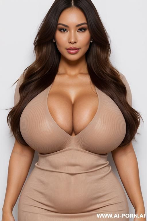 beautiful perfect face. wearing a tight beige poloneck cutout sweater with deep cleavage showing (((((massive gigantic saggy boobs))))). tanned skin. supermodel. - #main