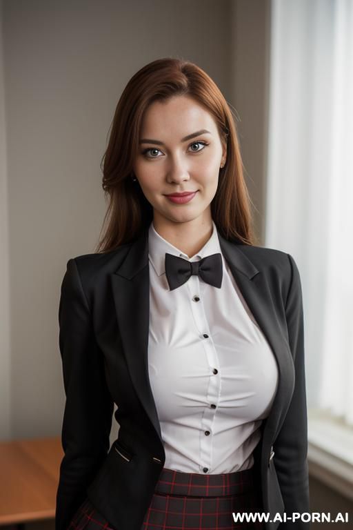 blazer, office shirt, skirt, bowtie, hourglass body, great big tits - #main