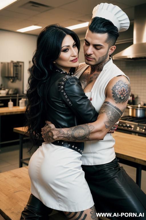 ((((tattooed persian milf hugging a muscular punk man)))) with (((((gigantic tits))))) and (((long hair))) , (((makeup))) , (((big ass))) (((tight spiked black leather jacket))) (((woman straddling a man))) (((man sitting down))) - #main