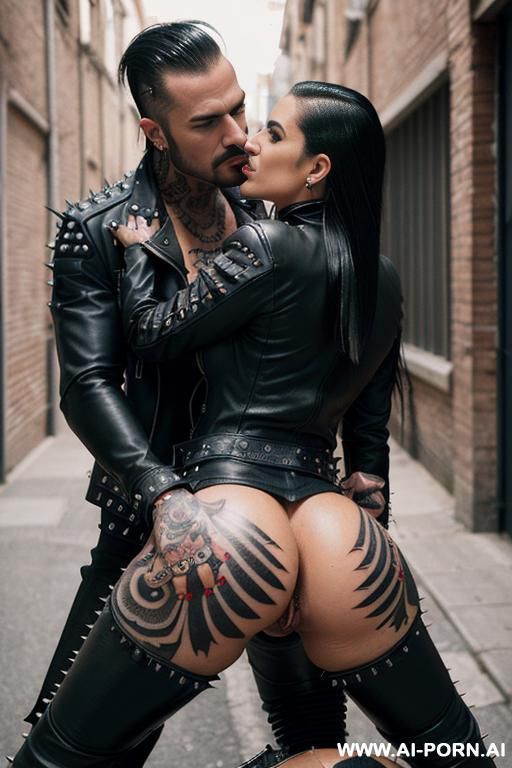 ((((tattooed persian biker milf hugging a muscular punk man)))) with (((((gigantic tits))))) and (((long hair))) (makeup) , (((riding a cock))) (((tight spiked black leather jacket))) (((woman straddling - #main