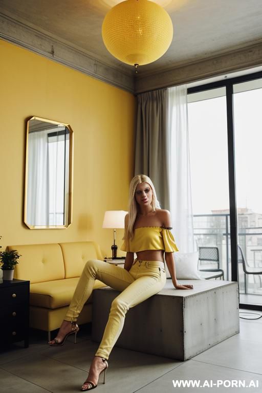 empty yellow concrete rooms bright lights ceiling lamps big rooms - #main