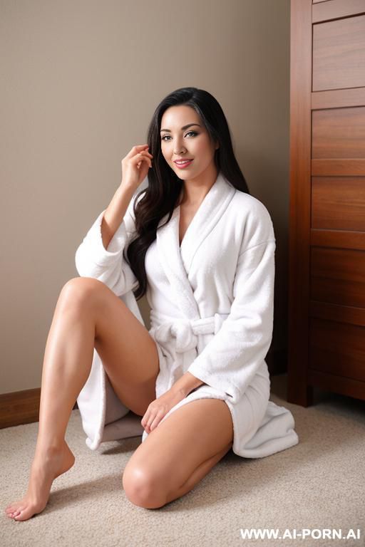 a woman in bathrobe sitting with legs spread - #main
