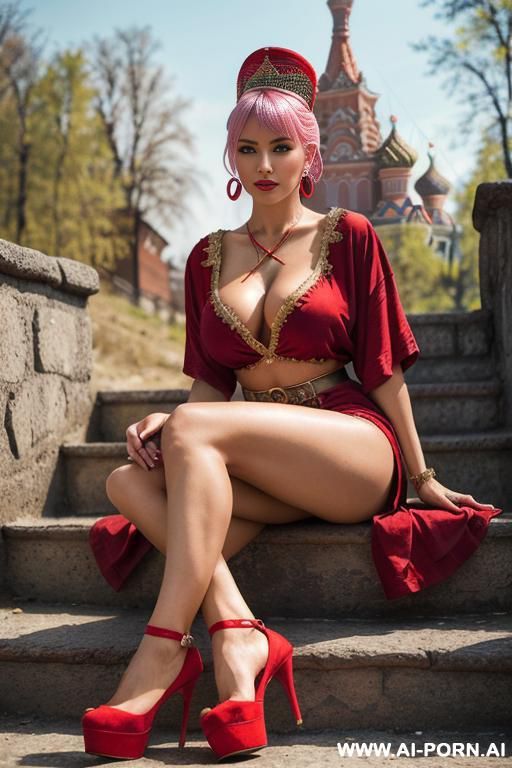 (((full body shot))), hoop earings, (stylish pixie haircut), (most beautiful women ever), (sexy milf), photorealistic image of an alluring sitting seductively on stone stairs, showing pussy, (legs - #main