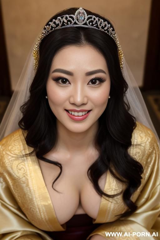 gorgeous, realistic face, wearing tiara, ancient silk robe, stance up, expose body, legs, vagina, makeup, untrimmed pubes, stand very upright in the center looking at you as the groom, enthusiastic - #main