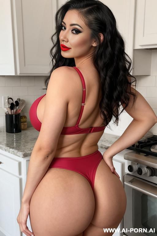 tall busty bimbo slut, cumslut, gigantic fake tits, athletic build, plump full lips, full frontal, alot of make up, red lipstick, long eyelashes, ((keep face)), ((keep body)), in modern mansion kitchen, wearing croptop, wearing booty shorts, - #main