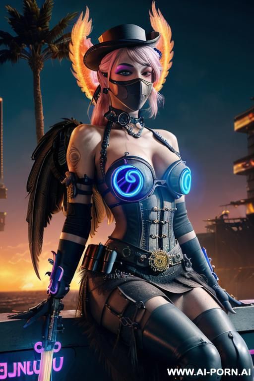 ((((masterpiece)))), (((woman sitting))), (glowing red eyes), (long blue purple and white hair with a flower), ((crop top white collar shirt with red tie)), ((((flaming angel wing)))), ((navy formal - #main