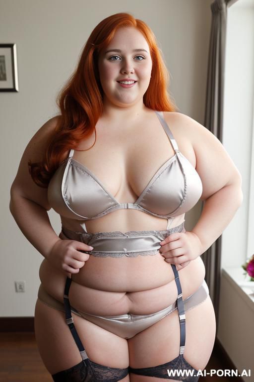 half body photo shot close up. a ((british obese fat bbw redhead)), ((thick with love handless)). ((wearing a gray bright sexy and hot garter belt bride lingerie of flowers, and a silk micro-skirt)). she is smiling - #main