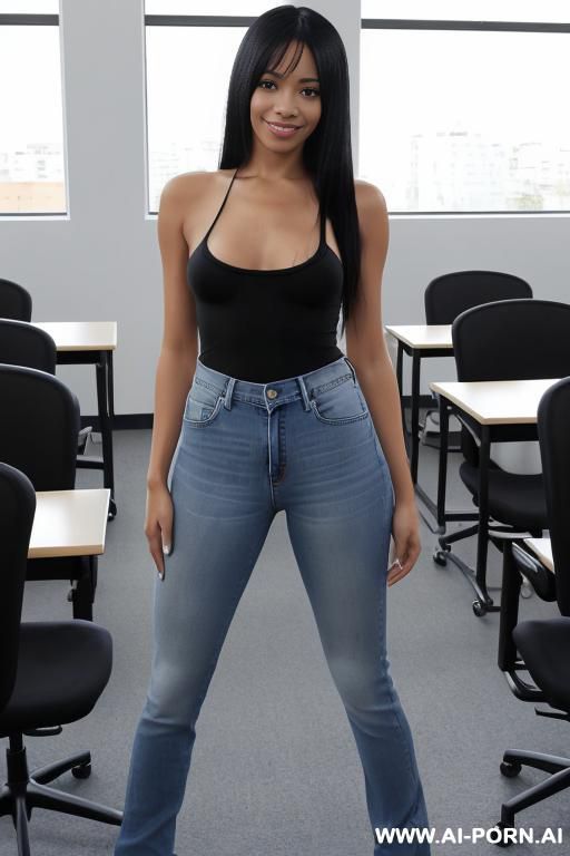 woman, happy, straight hair, 20 years old, black hair, standing up, latina, classroom, topless, jeans - #main