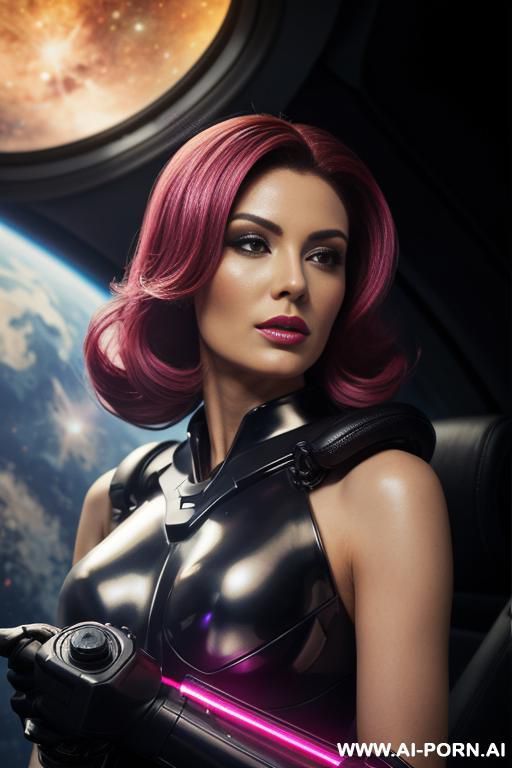 (front view), (looking at the viewer), (detailed face), (detailed skin), (detailed hands), sci-fi extraterrestrial solder woman, holds laser rifle in her hand, inside the spaceship - #main