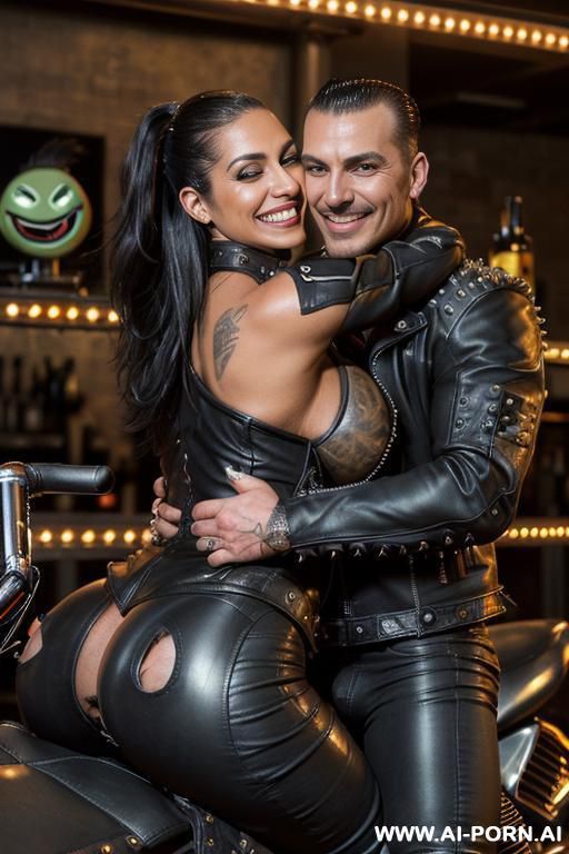 ((((latina biker milf hugging a muscular punk man)))) with ((((((gigantic tits)))))) and ((long hair)), (((makeup))) , (((woman wearing a tight spiked black leather jacket))) (((tight black leather - #main