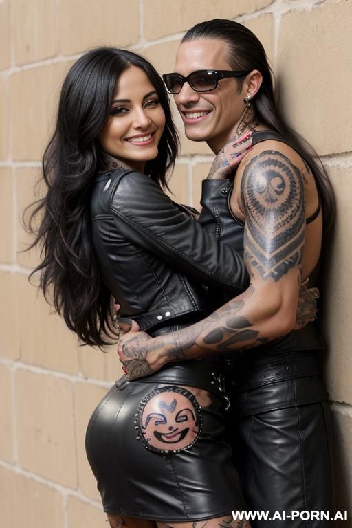 ((((tattooed latina milf hugging a muscular punk man)))) with huge tits and ((((long hair)))) (((makeup))) , (((tight black leather skirt))) (((tight black leather jacket))) ((((((big ass)))))) (((woman - #main