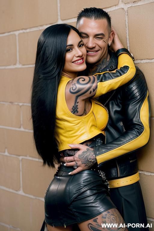 ((((tattooed latina milf hugging a muscular punk man)))) with huge tits and ((((long hair)))) (((makeup))) , (((tight black leather skirt))) (((tight yellow leather jacket))) (((big ass))) (((woman - #main