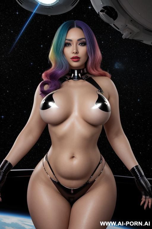(front view), hourglass figure, wide hips, curvy thighs, (looking at the viewer), (detailed face), beautiful sexy face, alluring smile (detailed skin), (detailed hands), sci-fi extraterrestrial ufo - #main
