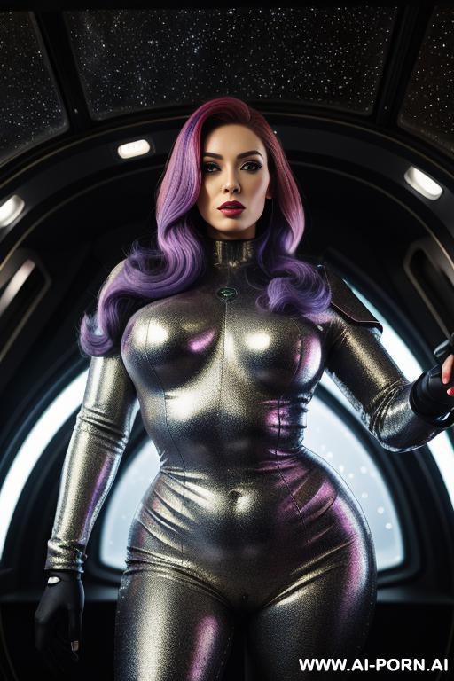 (front view), hourglass figure, wide hips, curvy thighs, (looking at the viewer), (detailed face), (detailed skin), (detailed hands), sci-fi extraterrestrial ufo solder, holds laser rifle in her hand, inside the spaceship - #main
