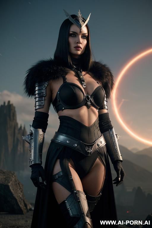 (medium shot), (front view), (eye contact), (looking at viewer), sci-fi dark fantasy swordswoman, dominant body pose, threaing looking woman, arrogant cruel face, ultra realistic, slender sinewy body, - #main