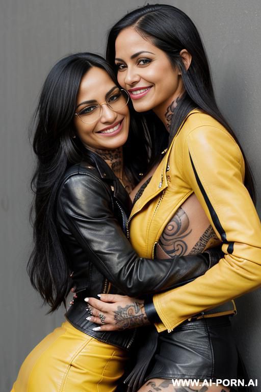((((tattooed latina milf hugging a muscular punk man)))) with huge tits and ((((long hair)))) (((makeup))) , (((tight black leather skirt))) (((tight yellow leather jacket))) (((big ass))) (((woman straddling a man))) - #main