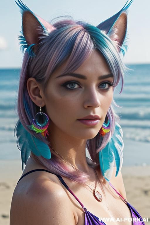 face, sexy, beautiful, (bikini)), ((fantasy bikini)), ((roses)), ((eyes shw)), ((angel wings)), ((rainbow hair)), (( makeup)), ((glitter)), ((long bu hair)), ((heterochromia eyes)), ((wind)), (( cat face)), - #main