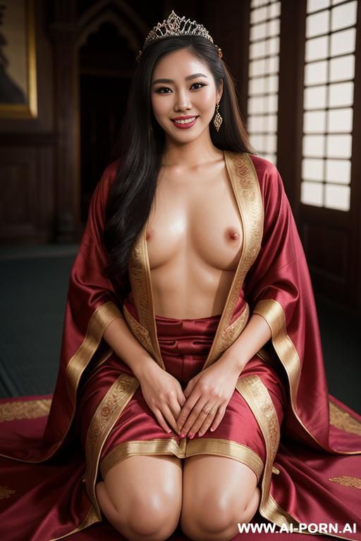 gorgeous, realistic face, wearing tiara, southeast asian, ancient silk robe, knees up, expose body, legs vagina, makeup, pantyless, untrimmed pubes, consummation time of the groom, smile, in the castle. - #main