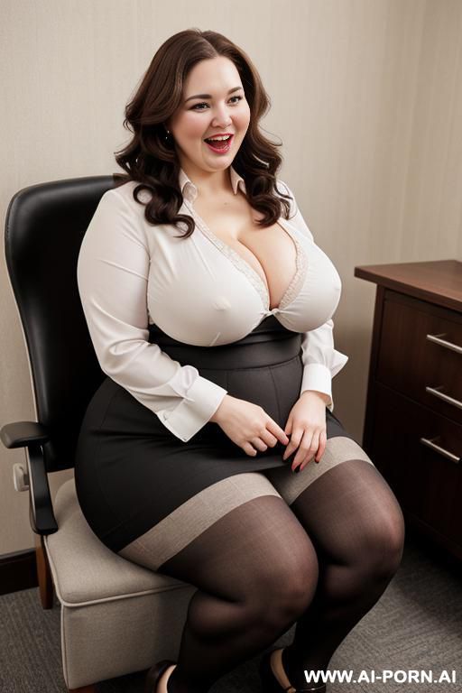 a passionate woman with slight obesity (like a bbw), curvy figure; pose: sitting, shoes should be visible; emotion: excited; clog: black office skirt, light-colored blouse, tights, and shoes. - #main
