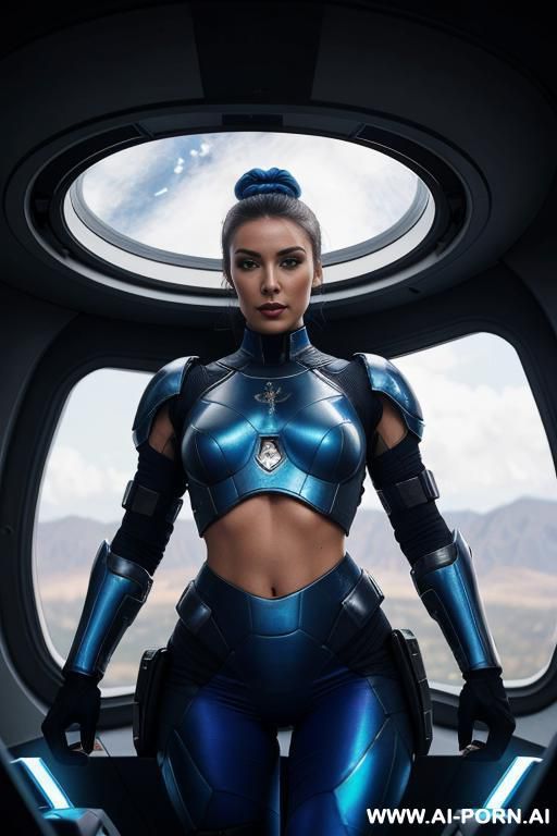 sci-fi soldier (front view) hourglass figure, wide hips, muscular thighs (looking at the viewer) (detailed face) beautiful sexy face, alluring smile (detailed skin) (detailed hands) wearing sci-fi - #main