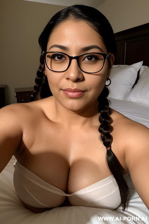 mexican, chubby face, long braided hair, on bed, topless, winged eye liner, glasses - #main