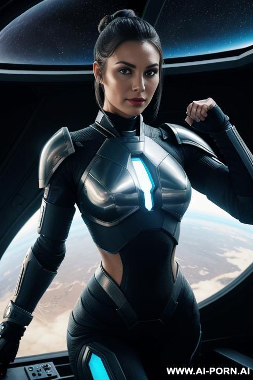 sci-fi soldier (front view) strong body (hourglass figure) wide hips, muscular thighs (looking at the viewer) (detailed model face) beautiful sexy face, alluring smile, detailed skin, detailed hands, - #main