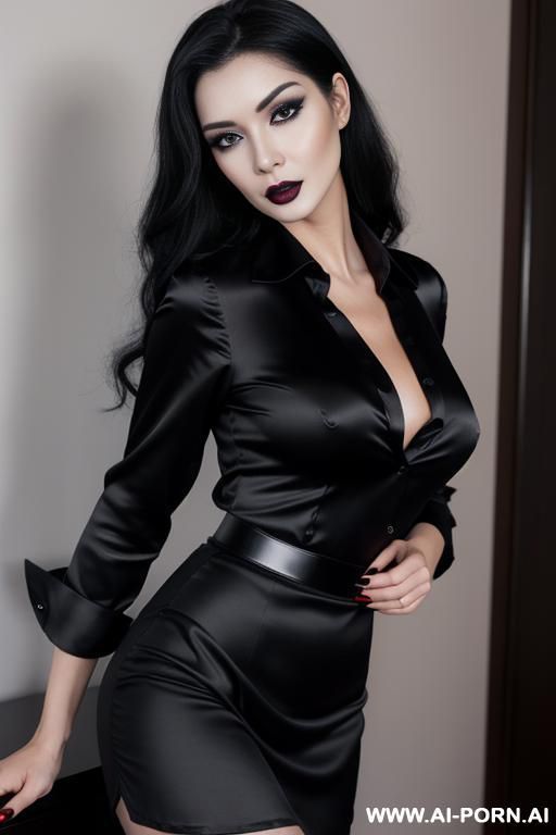 very nice secretary woman, black satin blouse, no pants, no skirt, no panties, high heels, smoky eyes makeup, black lipstick, very pretty face, long black hair, front view, ultra realistic, high quality, high resolution, full length - #main
