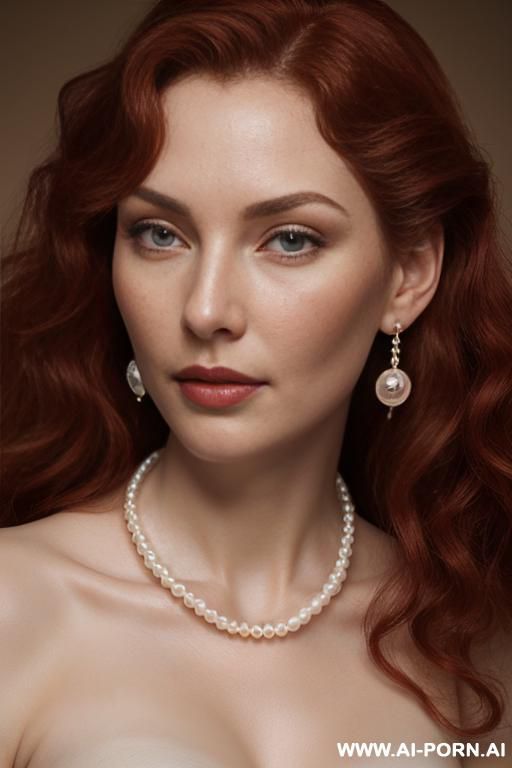 gorgeous round hungarian face, pearl necklace, pearl earrings, natural red volumous wavy hair, porcelin skin - #main