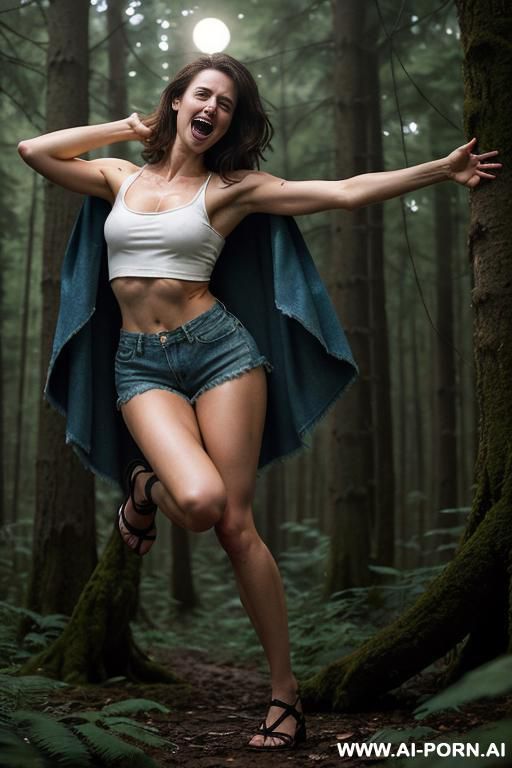 a busty brunette, topless and wearing only denim cut-off shorts, as she battles a zombie in a forest at night - #main