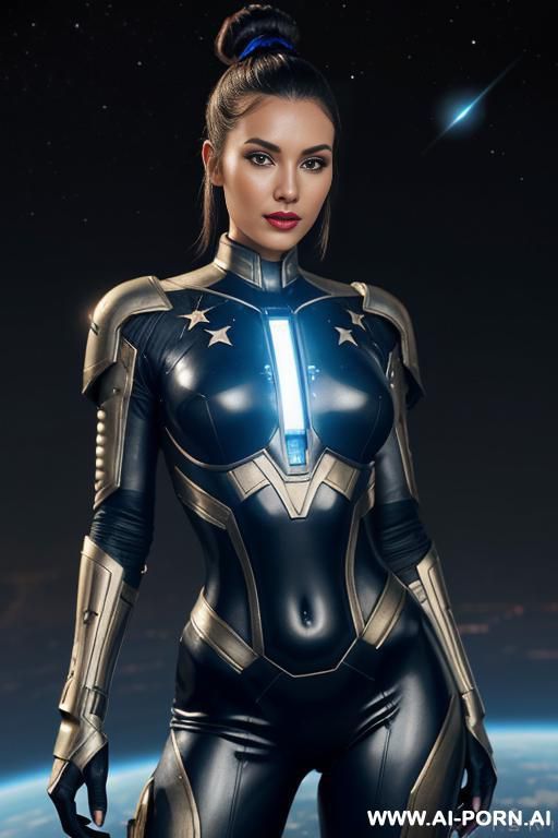 sci-fi soldier (front view) hourglass figure, wide hips, muscular thighs, (looking at the viewer), (detailed face), bright glowing eyes, beautiful sexy face, alluring smile (detailed skin), (detailed - #main