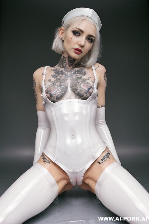 ((superskinny ))dinky woman, slight body, elfin model, (((white pallid skin)), ((ghastly white shiny skin )) ((no body fat)), ((beautiful face)), ahegao pretty face horny ((full body view)), bottomess, ((pvc nurse suit)) - #main