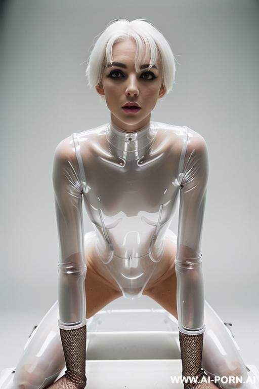 ((superskinny ))dinky woman, slight body, elfin model, (((white pallid skin)), ((ghastly white shiny skin )) ((no body fat)), ((beautiful face)), ahegao pretty face horny ((full body view)), bottomess, ((pvc transparent bodysuit)) - #main