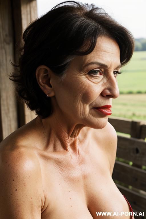 ((very old milf woman)), ugly old body pose, licking, enjoying promiscuity, old mature, keep same face, short hair, big nose, sexy old woman posing, make up, red lipstick, cow woman, in the farm, cows are licking her, animals, - #main