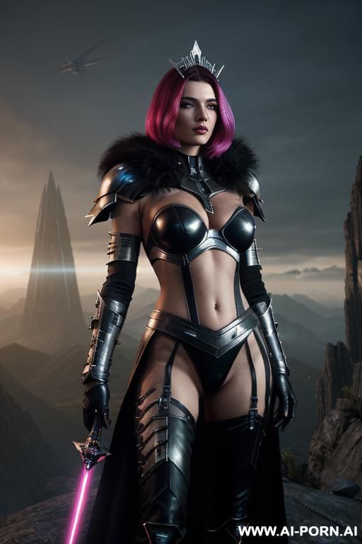(medium shot), (front view), (eye contact), (looking at viewer), sci-fi dark fantasy swordswoman, dominant body pose, threaing looking woman, arrogant cruel face, ultra realistic, slender sinewy body, - #main