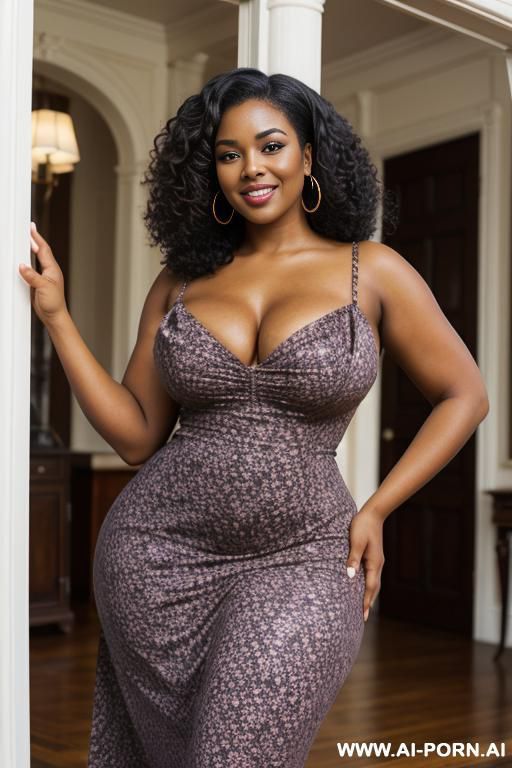 beautiful black woman; voluptuous body with soft curves everywhere; full breasts; wide hips; wholesome; rich, deep brown skin; tight, curly black hair; round face; soft brown eyes; broad nose; - #main