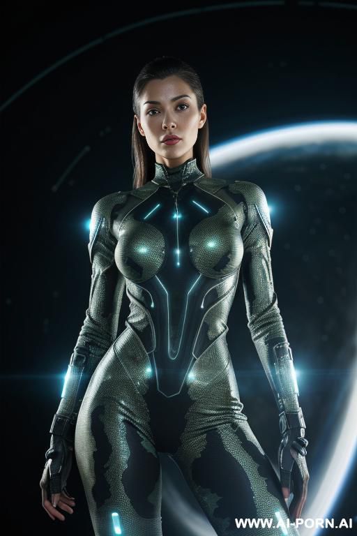 (front view), (looking at the viewer), (detailed face), (detailed body), (detailed arms), (detailed skin), sci-fi orс solder, strong fit body, wear transparent camouflage bodysuit, holds a plasma rifle - #main