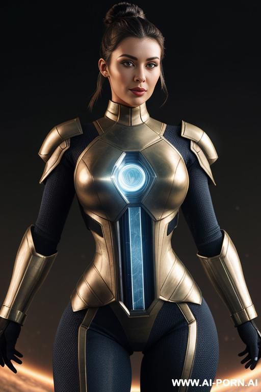 sci-fi soldier (front view) strong body (hourglass figure) wide hips, muscular thighs, thighs gap (looking at the viewer) (detailed model face) beautiful sexy face, alluring smile, detailed skin, - #main
