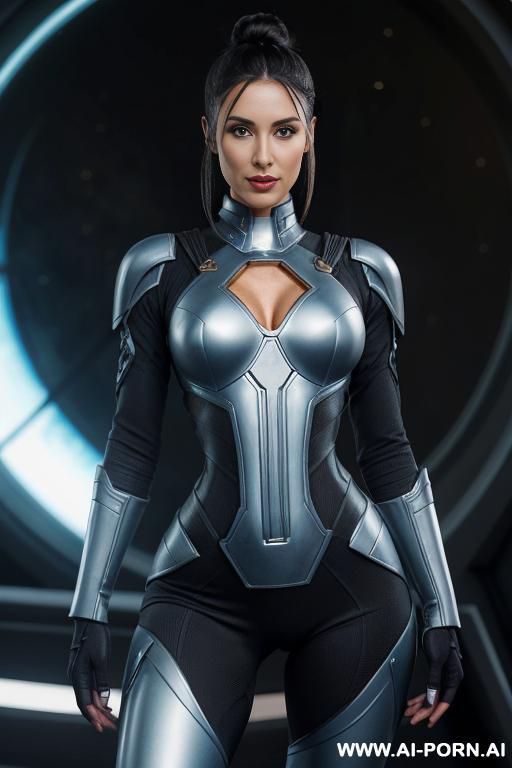 sci-fi soldier (front view) (hourglass figure) wide hips, muscular thighs, thighs gap (looking at the viewer) (detailed model face) beautiful sexy face, alluring smile, detailed skin, detailed hands (bombshell) wearing sci-fi glowing armor (closeup belly) - #main