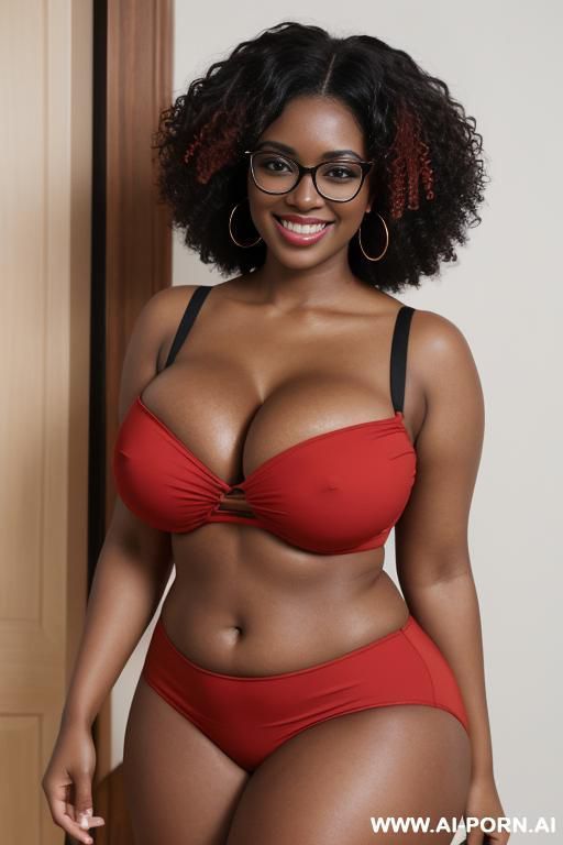 1woman, black woman, very dark skin, massive breasts, huge breasts, breast overflow, deep cleavage, curvy, chubby, thick thighs, wide hips, large afro, voluminous curly black hair, red glasses, brown - #main