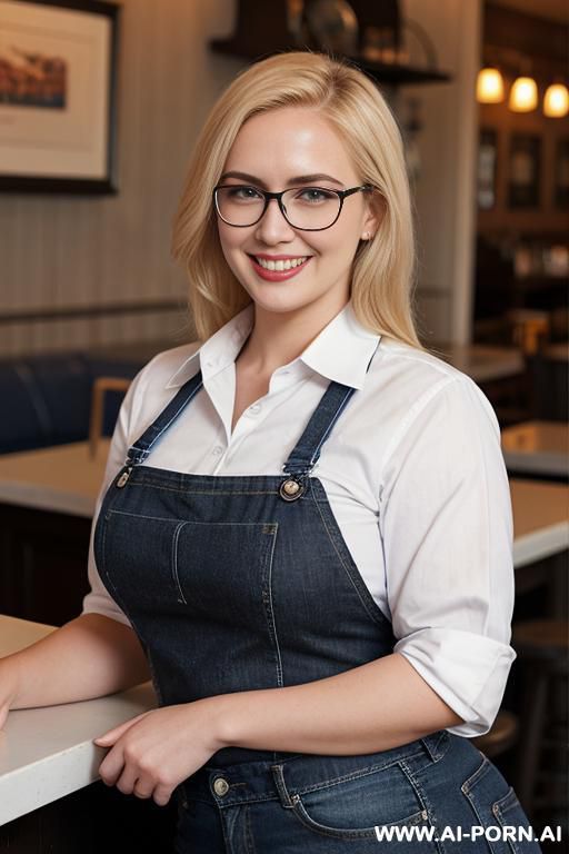 waitress, bleach blonde, clear framed glasses, round face, nose, waist, curvy hips, blue collared shirt, black jeans, dark blue apron - #main