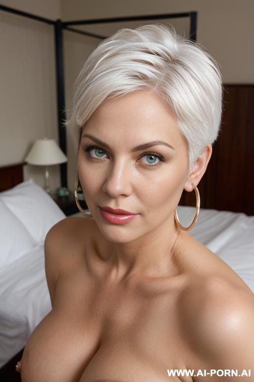 two very older busty topless huge matures, short white hair, hoop earrings, sit behind on the bed and hold their breast, direct eye contact with viewer, front view. - #main