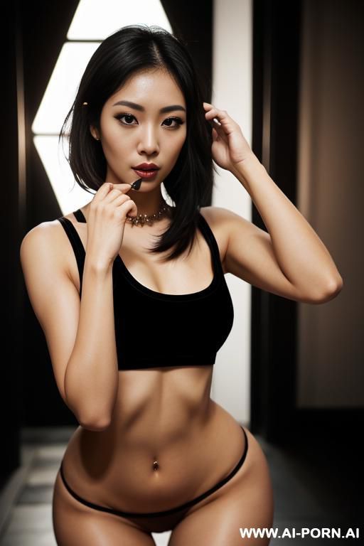 woman, shoulder length wolfcut, sharp eyeliner, black lipstick, asian, black hair, brown eyes, pierced ears - #main