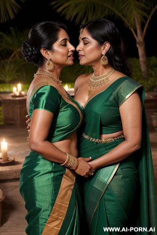 a chubby fifty years old black haired indian queen in green sari is gently kissing a full naked female servant with shaved vagina under the stars - #main