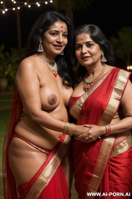 indian fifty years old blackhaired chubby queen in a red sari is touching a full naked fifty years old blackhaired full naked female servant with shaved vagina under the stars - #main