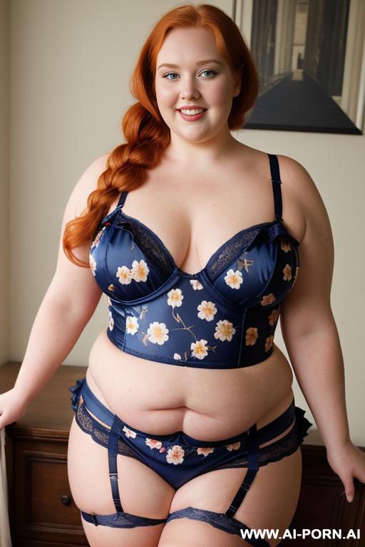 half body photo shot close up. a ((british obese fat bbw redhead)), ((thick with love handless)). ((wearing a print flowers sexy and hot garter belt lingerie, and a dark-blue ruffle silk micro-skirt)). she is smiling - #main