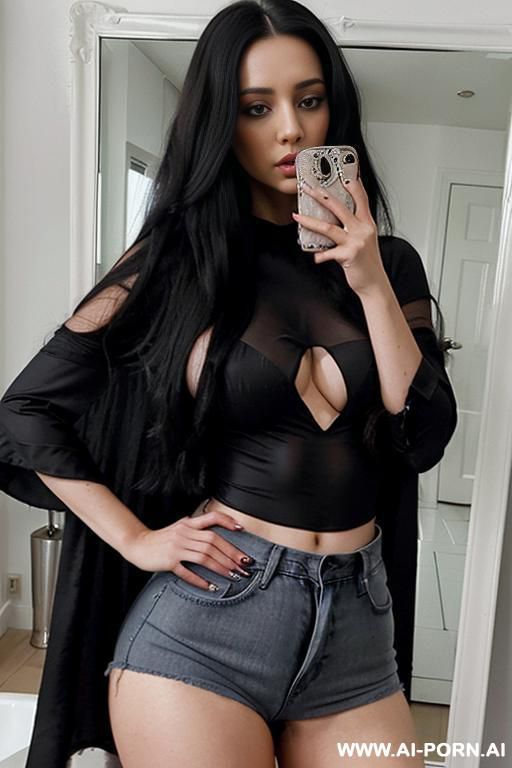 woman narrow hips long hair black blouse jeans selfie photo in the mirror - #main