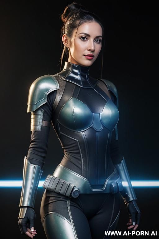 sci-fi soldier (front view) (keep face) strong body (hourglass figure) wide hips, muscular thighs, thighs gap (looking at the viewer) (detailed model face) make up, beautiful sexy face, alluring - #main