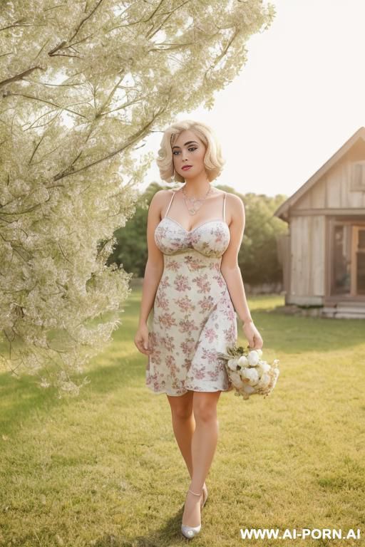 long hair, traditional wife, short blueish floral dress, standing in garden, summer, (pearl necklace), (((expressive eyes))), hourglass figure, (wide hips), ((tanned skin)), wrist watch, ((wide round - #main