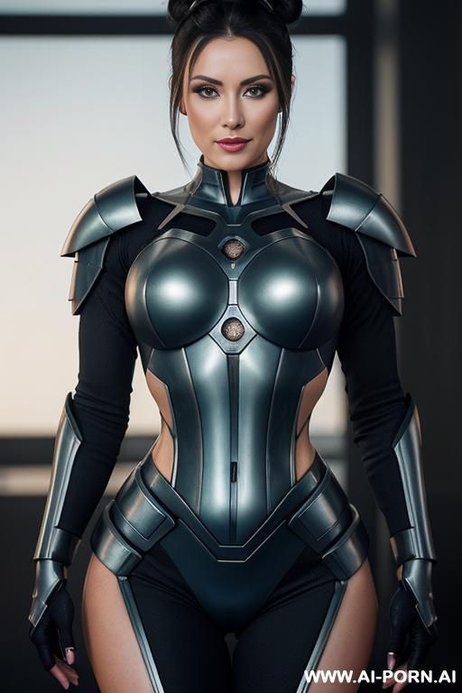 sci-fi soldier (front view) (hourglass figure) wide hips, muscular thighs, thighs gap (looking at the viewer) (detailed model face) beautiful sexy face, make up, alluring smile, detailed skin, - #main