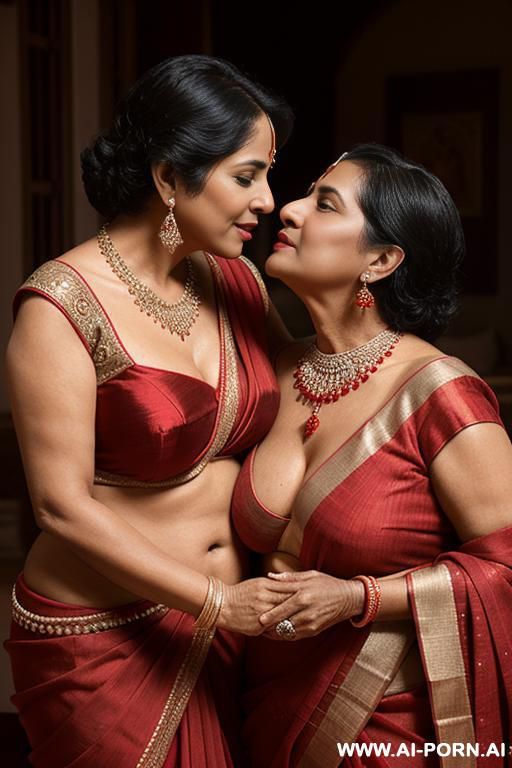 indian fifty years old blackhaired chubby queen in a red sari is gently kissing a fifty years old blackhaired full naked chubby female servant with shaved vagina, waist chain and necklace under the stars - #main